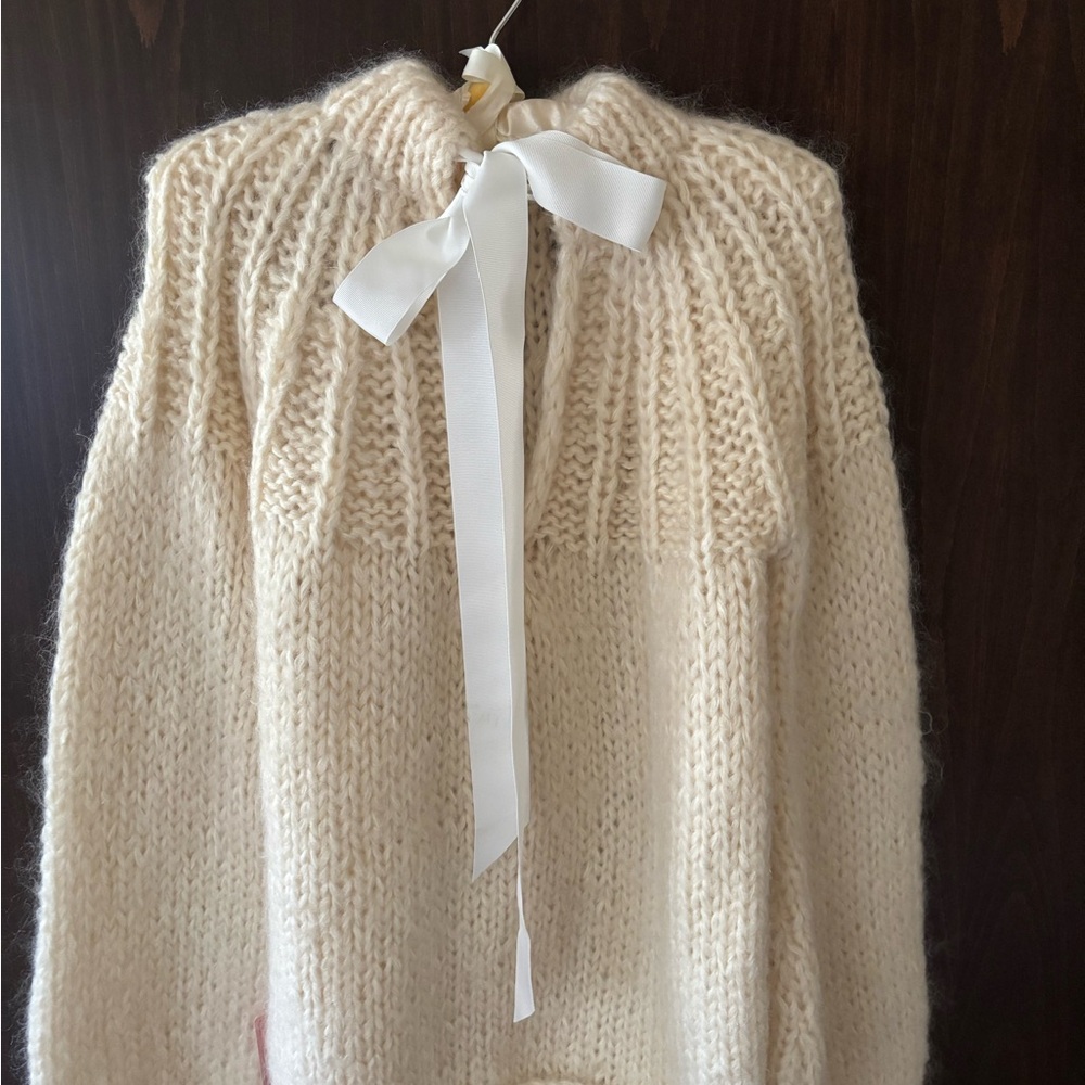 NWT Ganni Cream Round-neck Mohair and Wool Sweater with Back Ribbon Closure - Picture 2 of 6